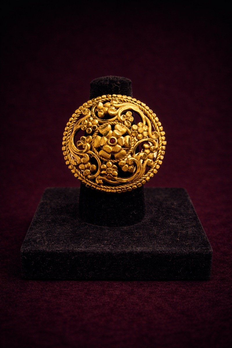 Filigree gold plated ring with red stone